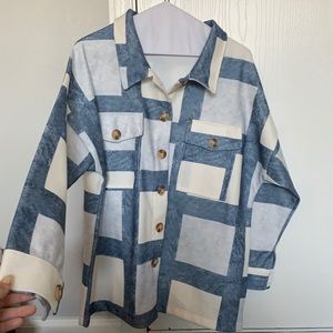 Button up with blue and white design!